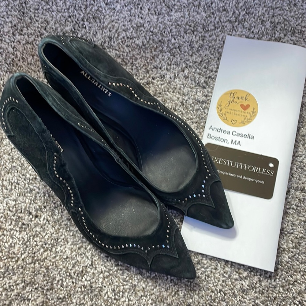 Authentic all Saints black suede high heel pumps size 39 8 1/2